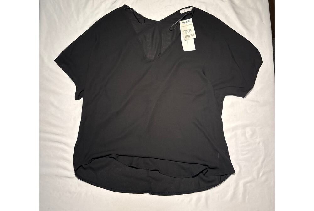 LUSH Women’s Medium Black Sheer V-Neck Blouse Dolman Sleeve High Low NWT